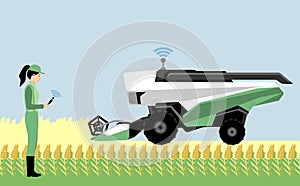 A woman farmer controls an autonomous combine harvester.