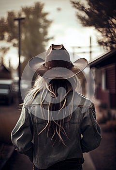 Woman farmer in cowboy hat at agricultural field on sunset. Rear view