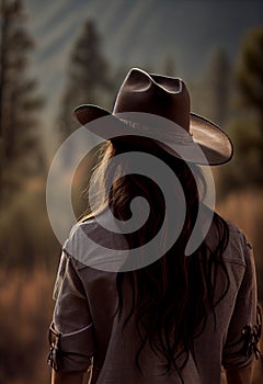 Woman farmer in cowboy hat at agricultural field on sunset. Rear view