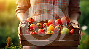 Woman farmer holding a basket of organic cherry tomatoes. AI generated image