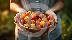 Woman farmer holding a basket of organic cherry tomatoes. AI generated image