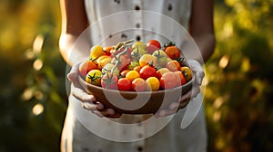 Woman farmer holding a basket of organic cherry tomatoes. AI generated image