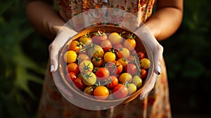 Woman farmer holding a basket of organic cherry tomatoes. AI generated image