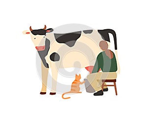 Woman farmer sitting on chair and milking cow. Milkmaid working on dairy farm. Organic rural milk production. Flat photo