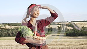 Woman farmer standing farmland smiling Female agronomist specialist farming agribusiness Happy positive caucasian worker