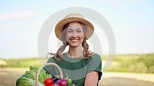 Woman farmer straw hat apron standing farmland smiling Female agronomist specialist farming agribusiness Happy positive