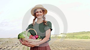 Woman farmer straw hat apron standing farmland smiling Female agronomist specialist farming agribusiness Happy positive