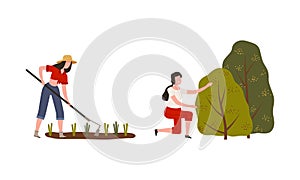 Woman Farmer in Straw Hat Near Green Bush and Cultivating Soil with Rake Vector Illustration Set