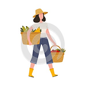 Woman Farmer in Straw Hat and Rubber Boots Carrying Wicker Basket with Ripe Vegetables Vector Illustration
