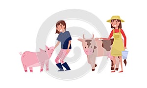 Woman Farmer Taking Care of Cow and Pig Vector Illustration Set