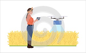 Woman farmer using remote controlled drone system irrigate field cartoon scene vector illustration photo