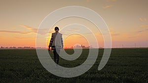 Woman farmer walking towards a setting sun across a field of wheat, rear view