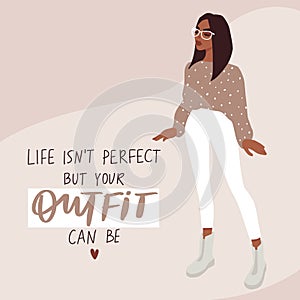 Woman fashion card in cartoon flat style. Stylish girl in trendy clothes