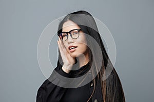 Studio woman asian glasses fashion student beautiful face business portrait cute background smile