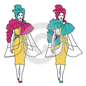 Woman fashion model on the catwalk, vector sketch illustration