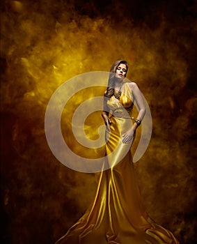 Woman Fashion Model Gold Dress, Beauty Girl in Glamour Gown