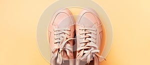 Woman fashion pink shoes on pink background with copy space. Top view. Flat lay. Fitness, sport concept. Nude female sneakers