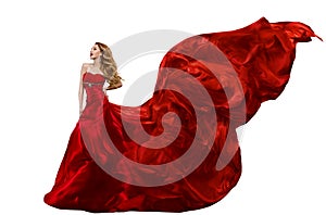 Woman Fashion Red Dress, Gown Waving on Wind, Flying Silk Fabric