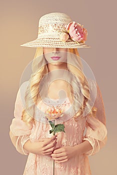 Woman in Fashion Straw Hat Holding Peony Flower, Girl Pink Dress