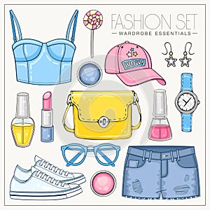 Woman fashion summer clothes, cosmetics and accessories set with top, bag, cap, sunglasses, sneakers and jeans shorts