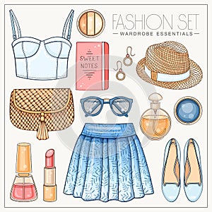 Woman fashion summer set with bustiers top, bag, skirt, sunglasses and hat