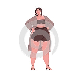 Woman with fat curvy body, plump chubby figure. Attractive plus-size girl standing bikini and heeled sandals. Stout