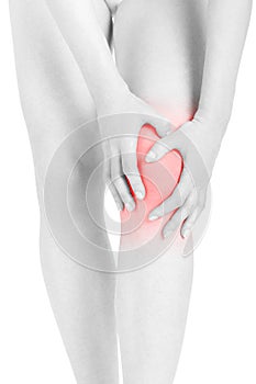 Woman fatigued legs with hands touching knee, clipping path