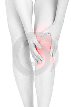 Woman fatigued legs with pain area isolated, clipping path