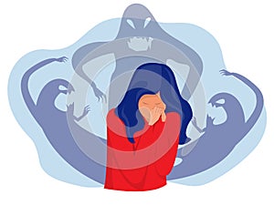 woman fear and crying with imaginary ghosts flying around her Mental disorder and diseases,