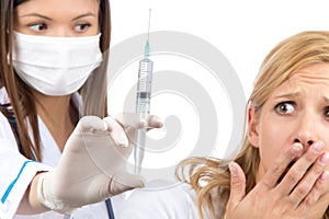 Woman fear or scared of syringe injections
