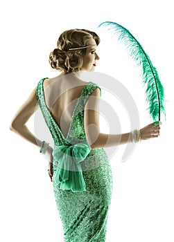 Woman feather in fashion retro sequin dress, elegant evening gown