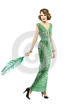 Woman feather in fashion retro sequin dress, luxury lady elegant