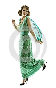 Woman feather in fashion retro sequin dress walking or dancing