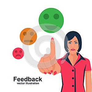 Woman feedback concept. Choice emotions service evaluation.