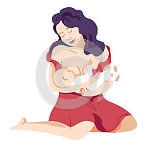 Woman feeding baby with milk, breastfeeding newborn child