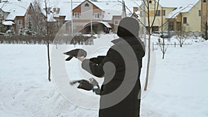 Woman is feeding a flock of pigeons in winter