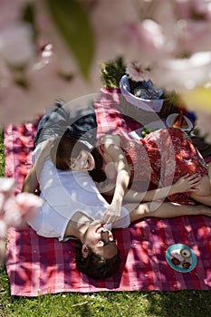 Woman Feeding Man While Picnicking In Park photo