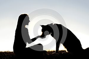 Žena kŕmenie domáce zviera pes lieči silueta 
