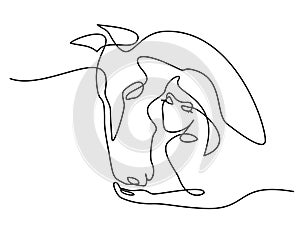 Woman feeds horse. Continuous one line drawing art.