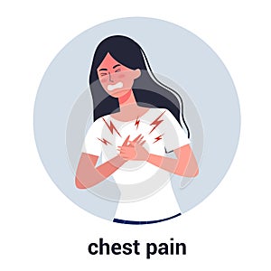 Woman feel chest pain. Heart attack or symptoms of heart disease.
