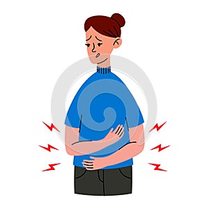 Woman feel pain in stomach concept vector illustration on white background. Diarrhea or constipation. Abdomen disease