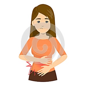 Woman feel pain in the stomach. Diarrhea or constipation