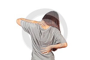 Woman feeling back pain, massaging tense muscles,Aches and pains