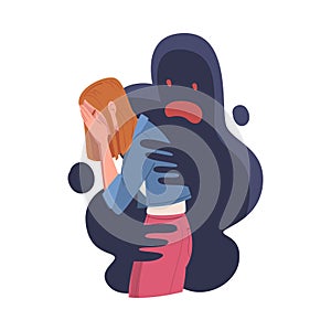 Woman Feeling Fear and Anxiety Covering Her Face with Hands Grasped by Dark Inner Monster Vector Illustration