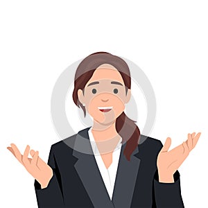 Woman feeling happiness concept. Young smiling woman cartoon character standing with hands stretched out, showing positive
