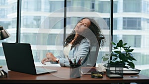 Woman feeling professional crisis sitting office desk close up. Girl overworking