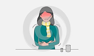 Woman feeling sick having high fever symptoms. Woman wearing scarf feeling sick. Cold or influenza disease concept. Vector