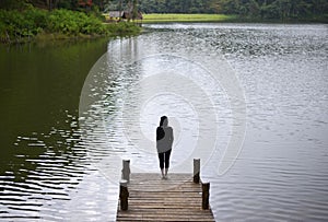 Woman feeling victorious facing on the bridge in the lake,