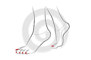 Woman feet with red nails and thin anklets isolated on white background - vector