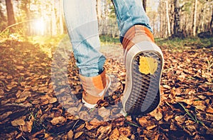 Woman Feet sneakers walking on fall leaves Outdoor